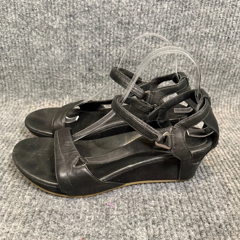 Teva Capri Leather Wedge Sandals Women US 11 EU 42 Black Comfort Travel Walking
